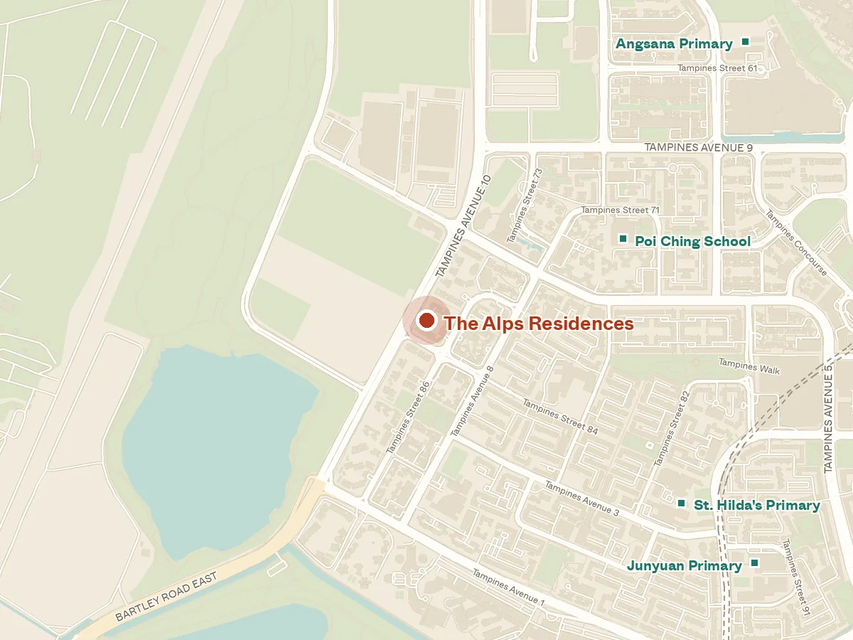 Map of the area around The Alps Residences, with nearby MRT stations and primary schools