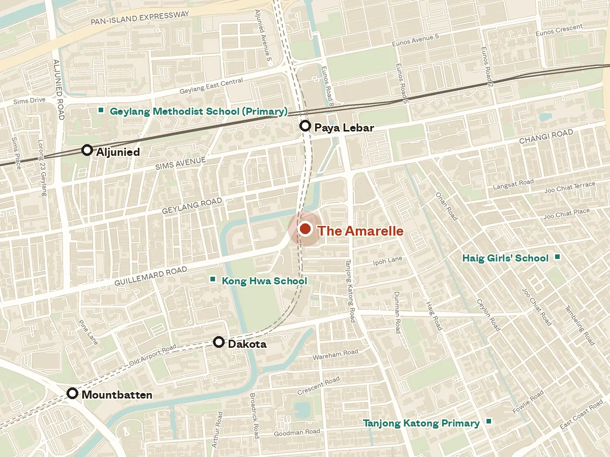 Map of the area around The Amarelle, with nearby MRT stations and primary schools