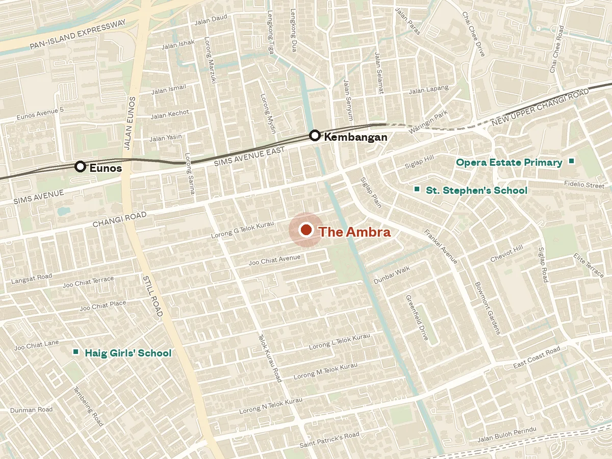 Map of the area around The Ambra, with nearby MRT stations and primary schools