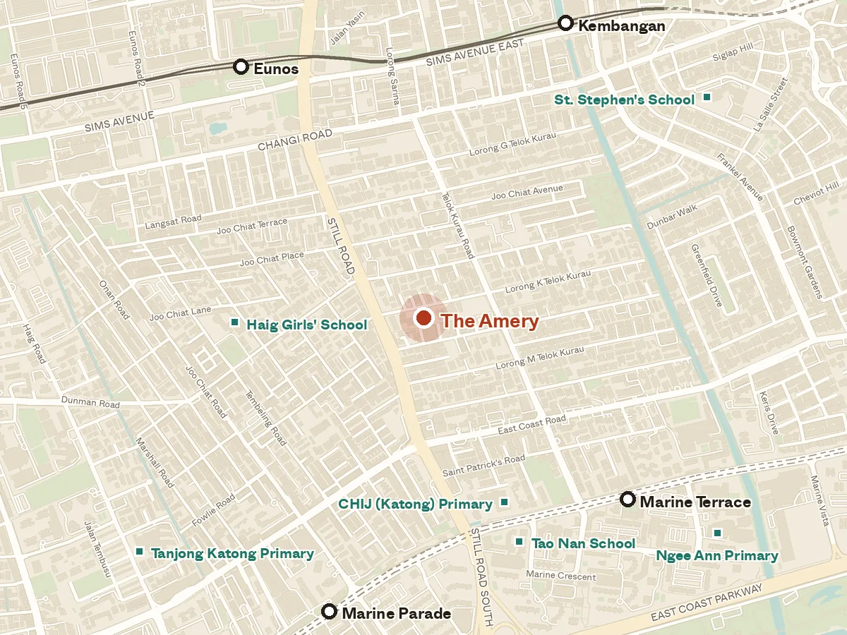 Map of the area around The Amery, with nearby MRT stations and primary schools