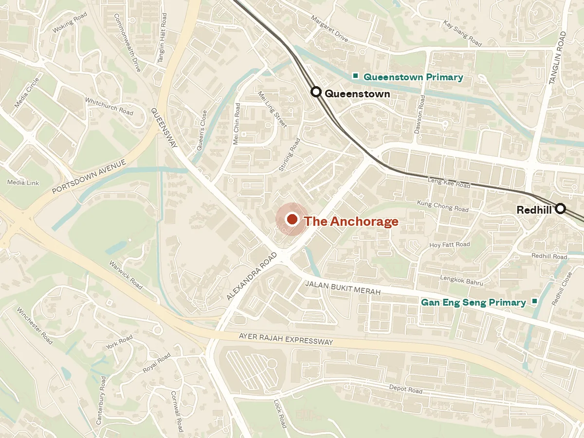 Map of the area around The Anchorage, with nearby MRT stations and primary schools