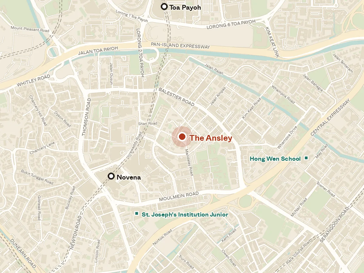 Map of the area around The Ansley, with nearby MRT stations and primary schools