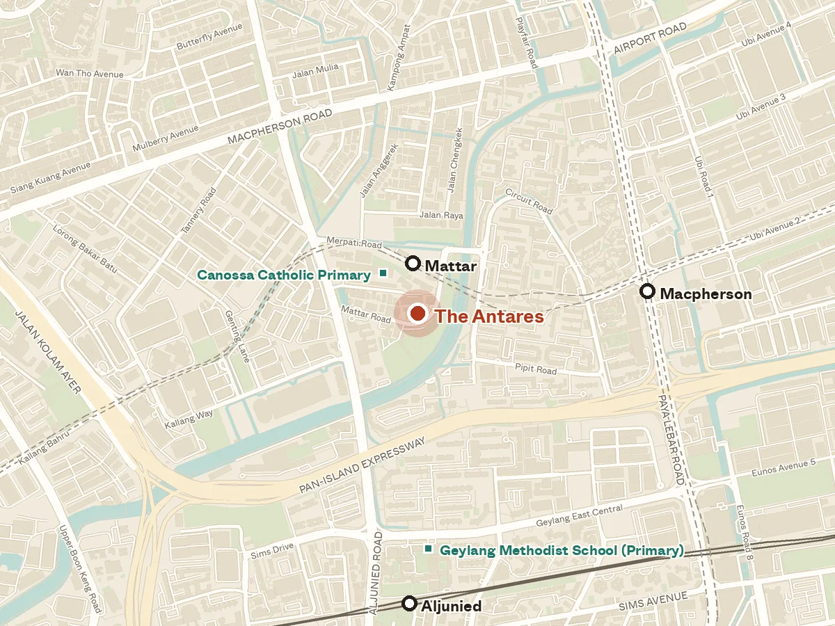 Map of the area around The Antares, with nearby MRT stations and primary schools