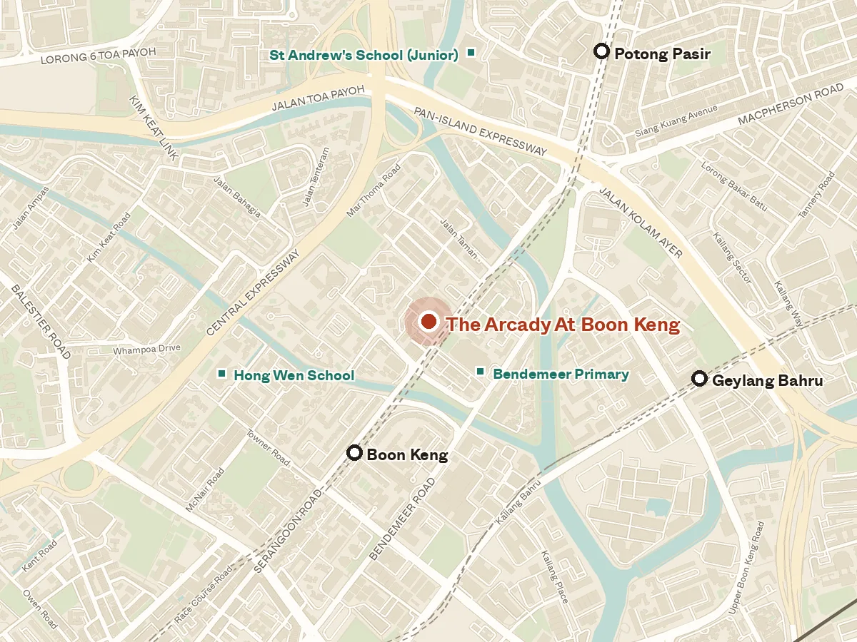 Map of the area around The Arcady At Boon Keng, with nearby MRT stations and primary schools