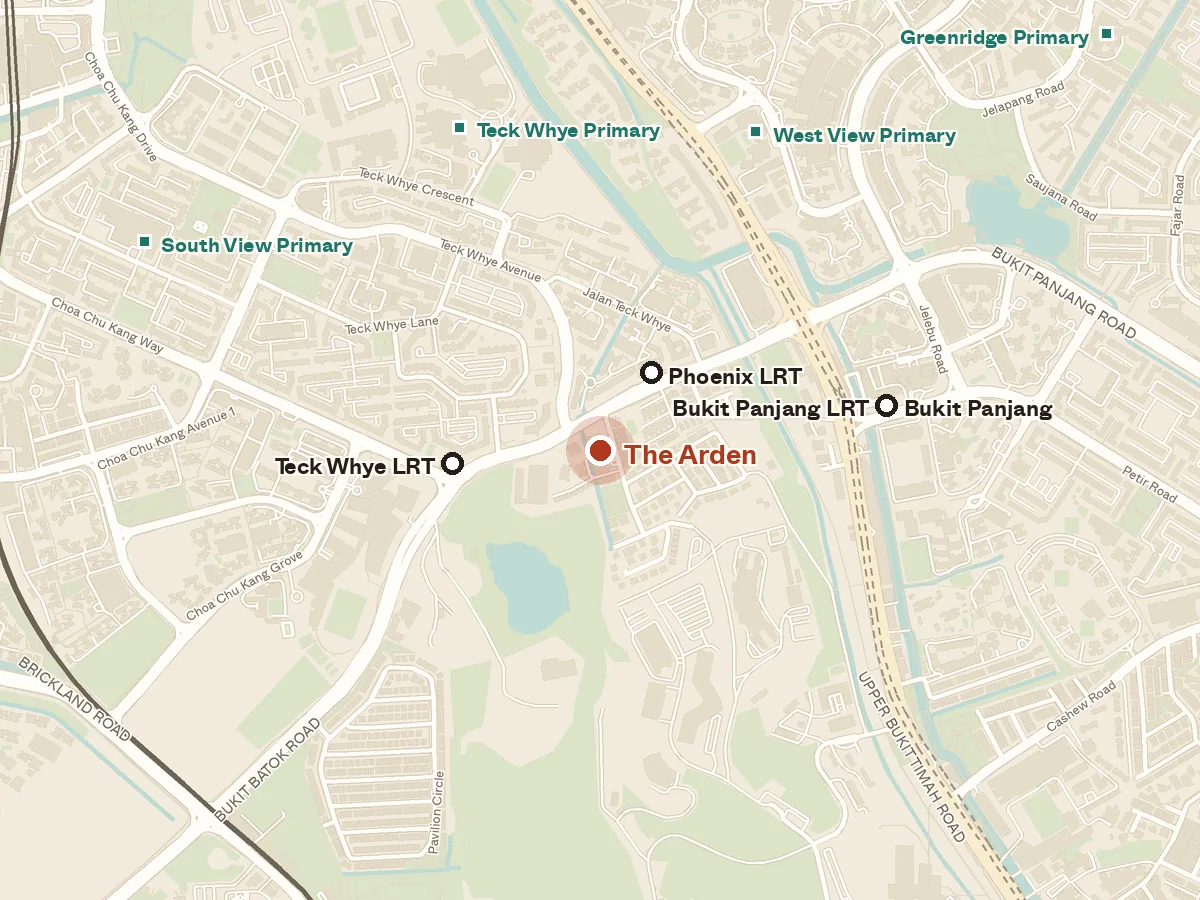 Map of the area around The Arden, with nearby MRT stations and primary schools