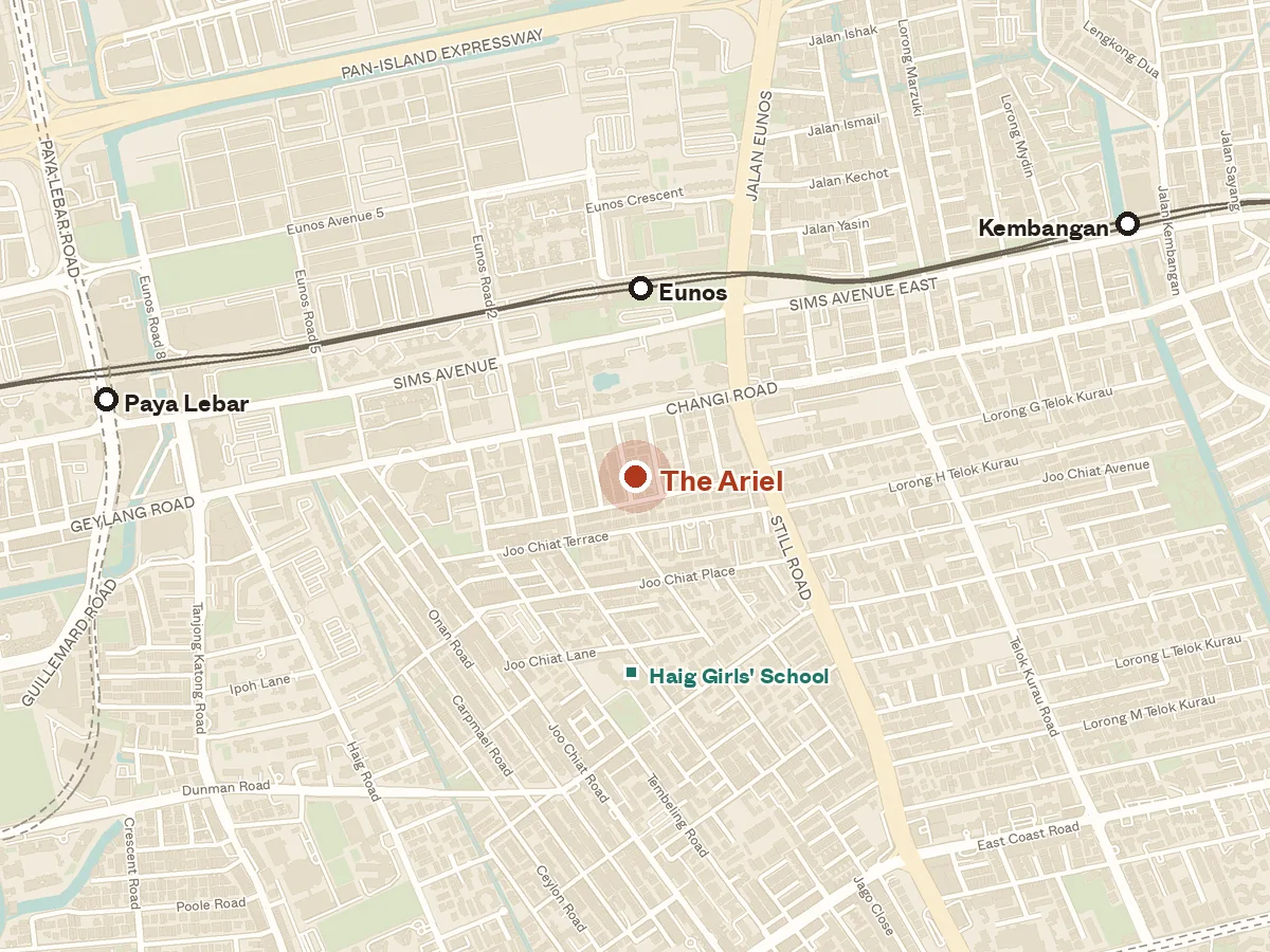 Map of the area around The Ariel, with nearby MRT stations and primary schools