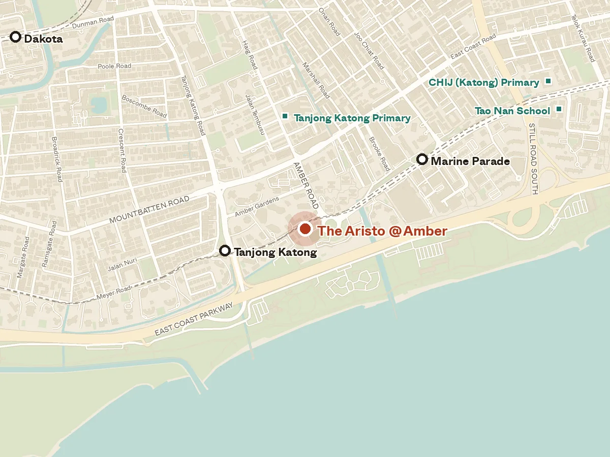 Map of the area around The Aristo @ Amber, with nearby MRT stations and primary schools
