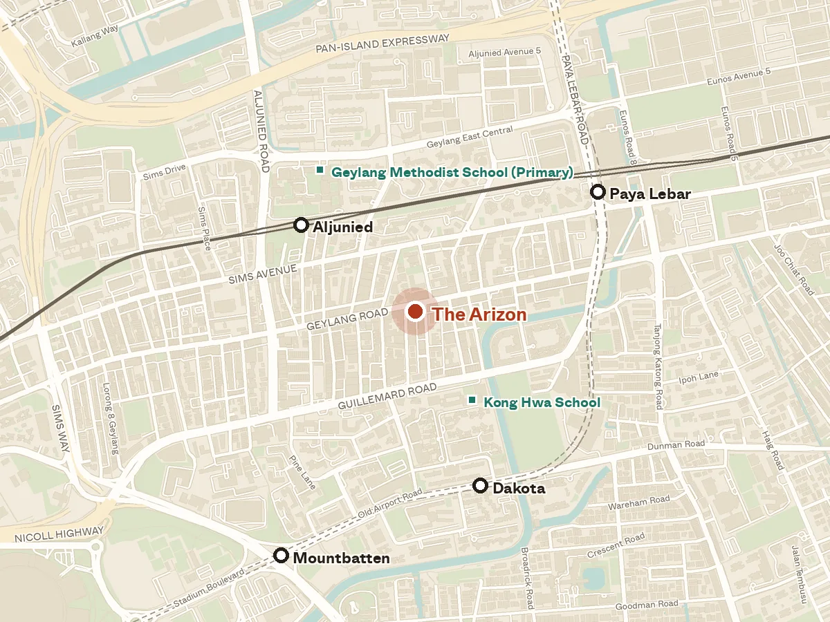 Map of the area around The Arizon, with nearby MRT stations and primary schools