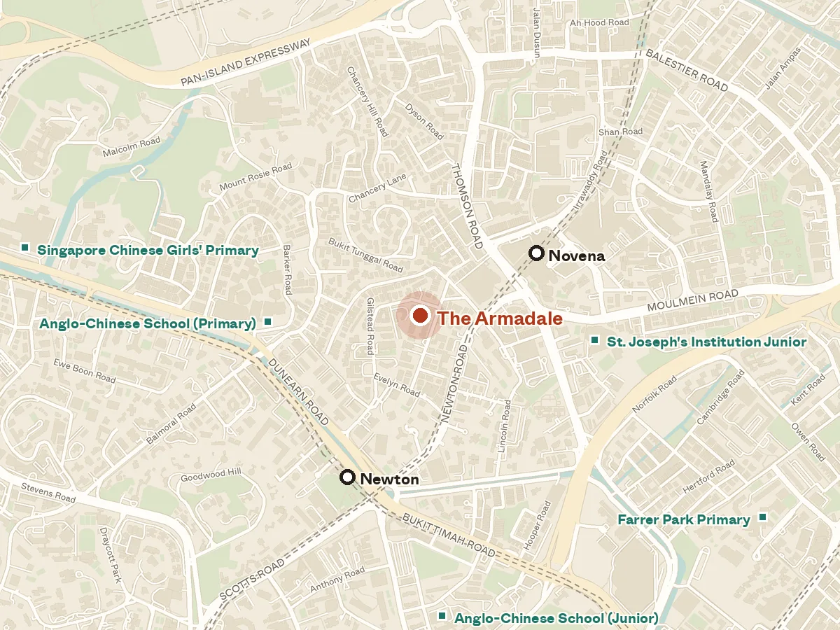 Map of the area around The Armadale, with nearby MRT stations and primary schools