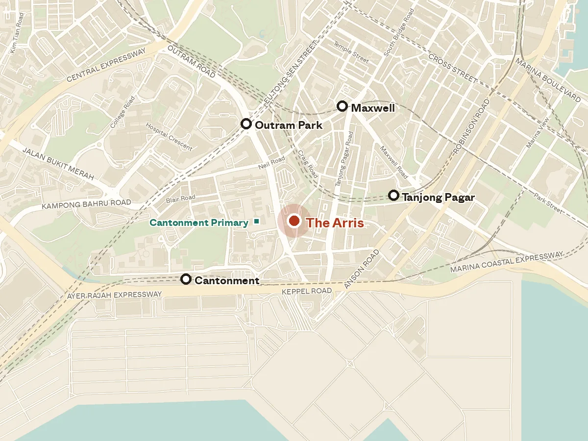 Map of the area around The Arris, with nearby MRT stations and primary schools