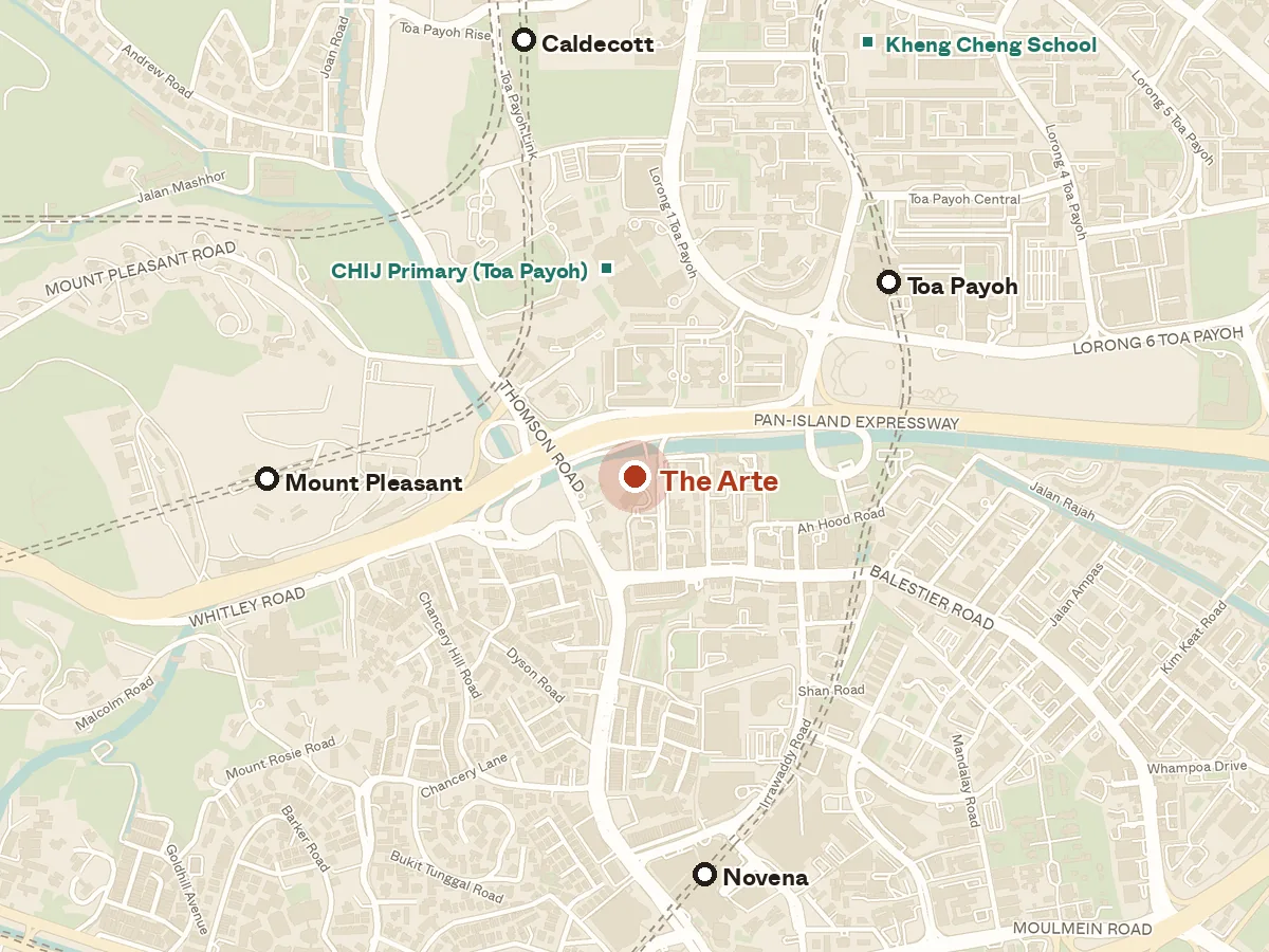 Map of the area around The Arte, with nearby MRT stations and primary schools