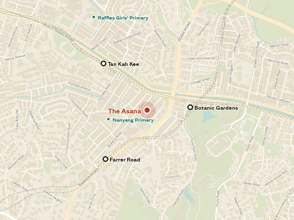 Map of the area around The Asana, with nearby MRT stations and primary schools