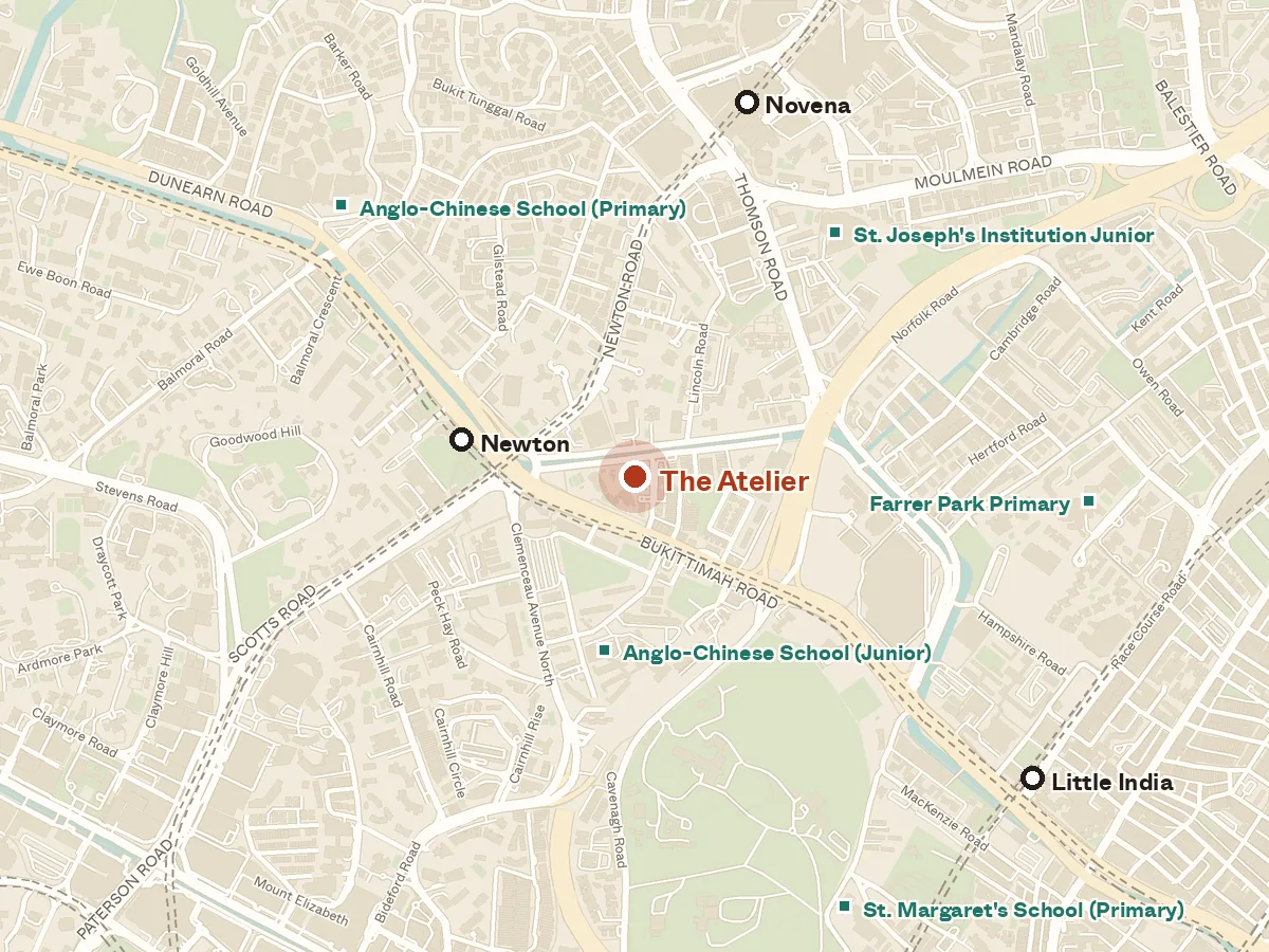 Map of the area around The Atelier, with nearby MRT stations and primary schools