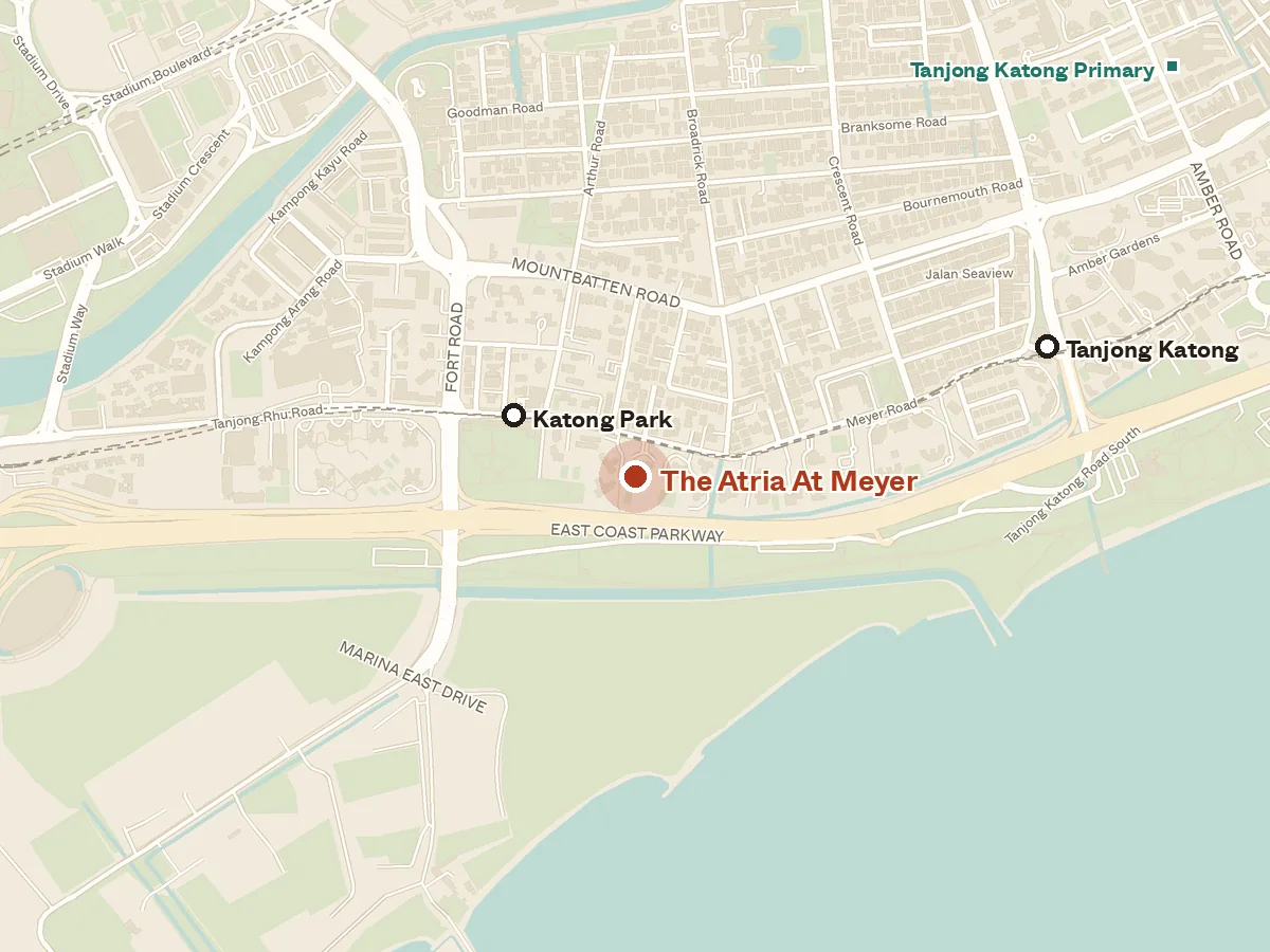 Map of the area around The Atria At Meyer, with nearby MRT stations and primary schools