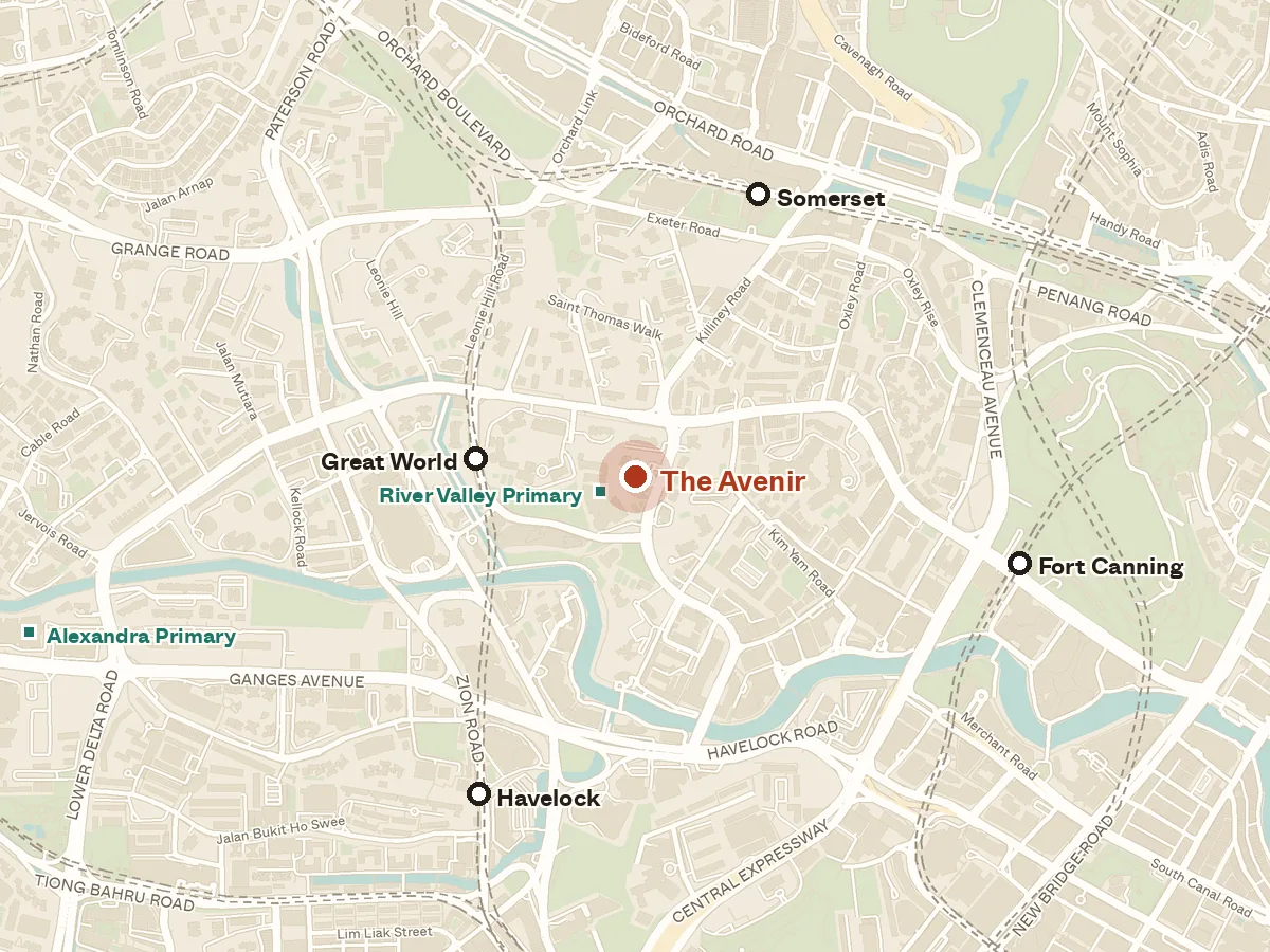Map of the area around The Avenir, with nearby MRT stations and primary schools