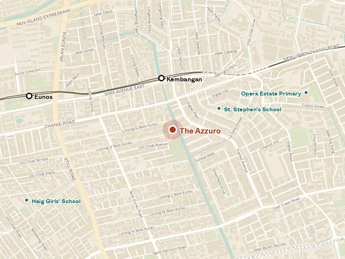 Map of the area around The Azzuro, with nearby MRT stations and primary schools