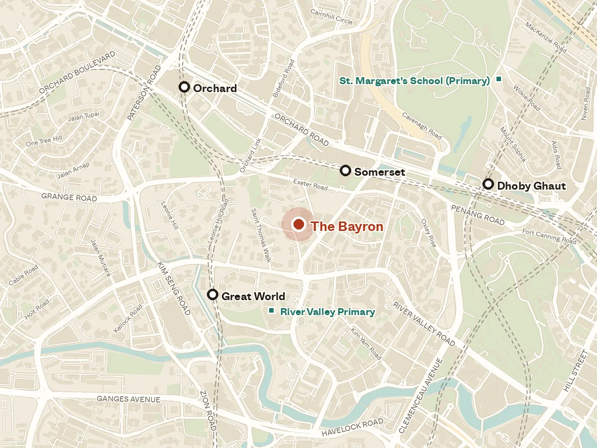 Map of the area around The Bayron, with nearby MRT stations and primary schools