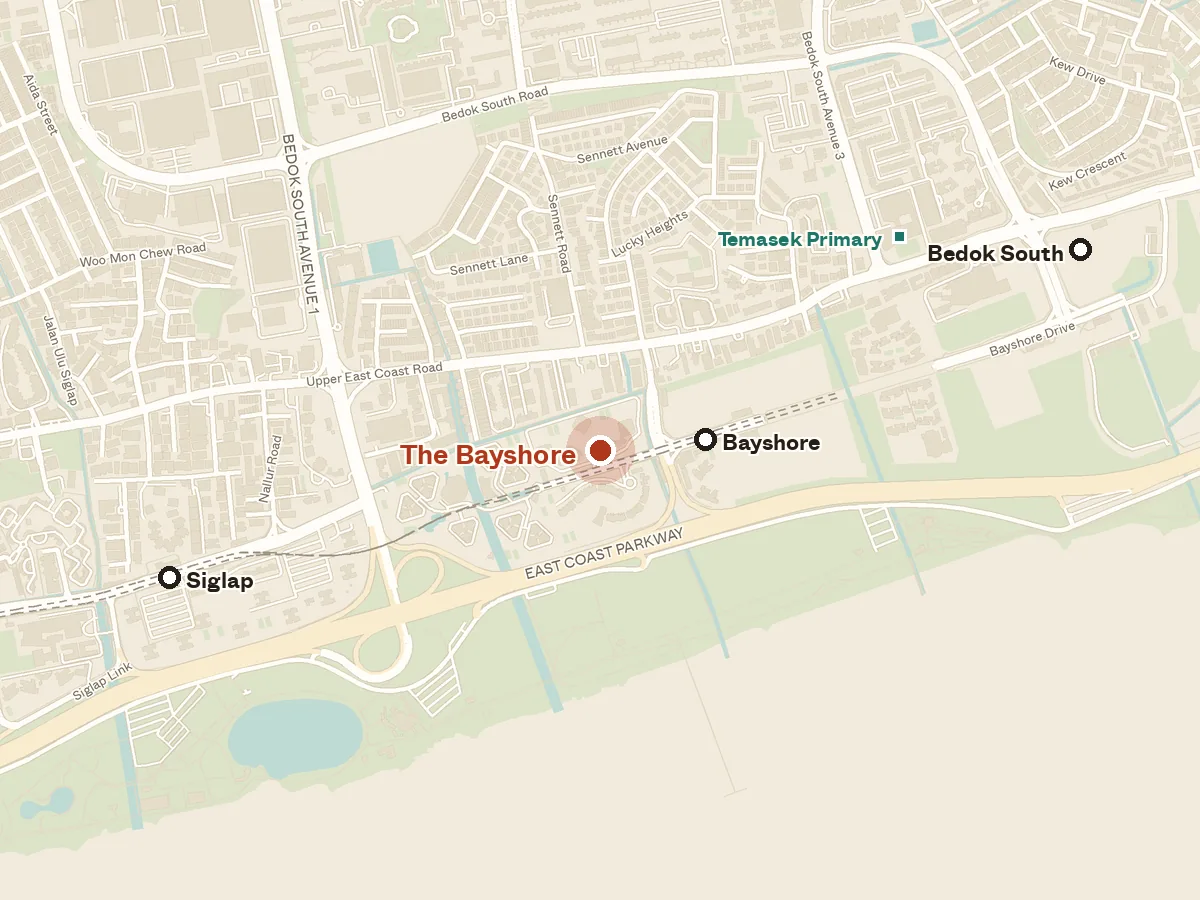 Map of the area around The Bayshore, with nearby MRT stations and primary schools