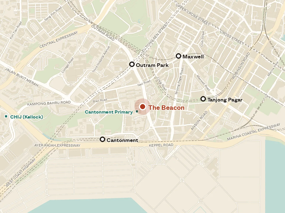 Map of the area around The Beacon, with nearby MRT stations and primary schools