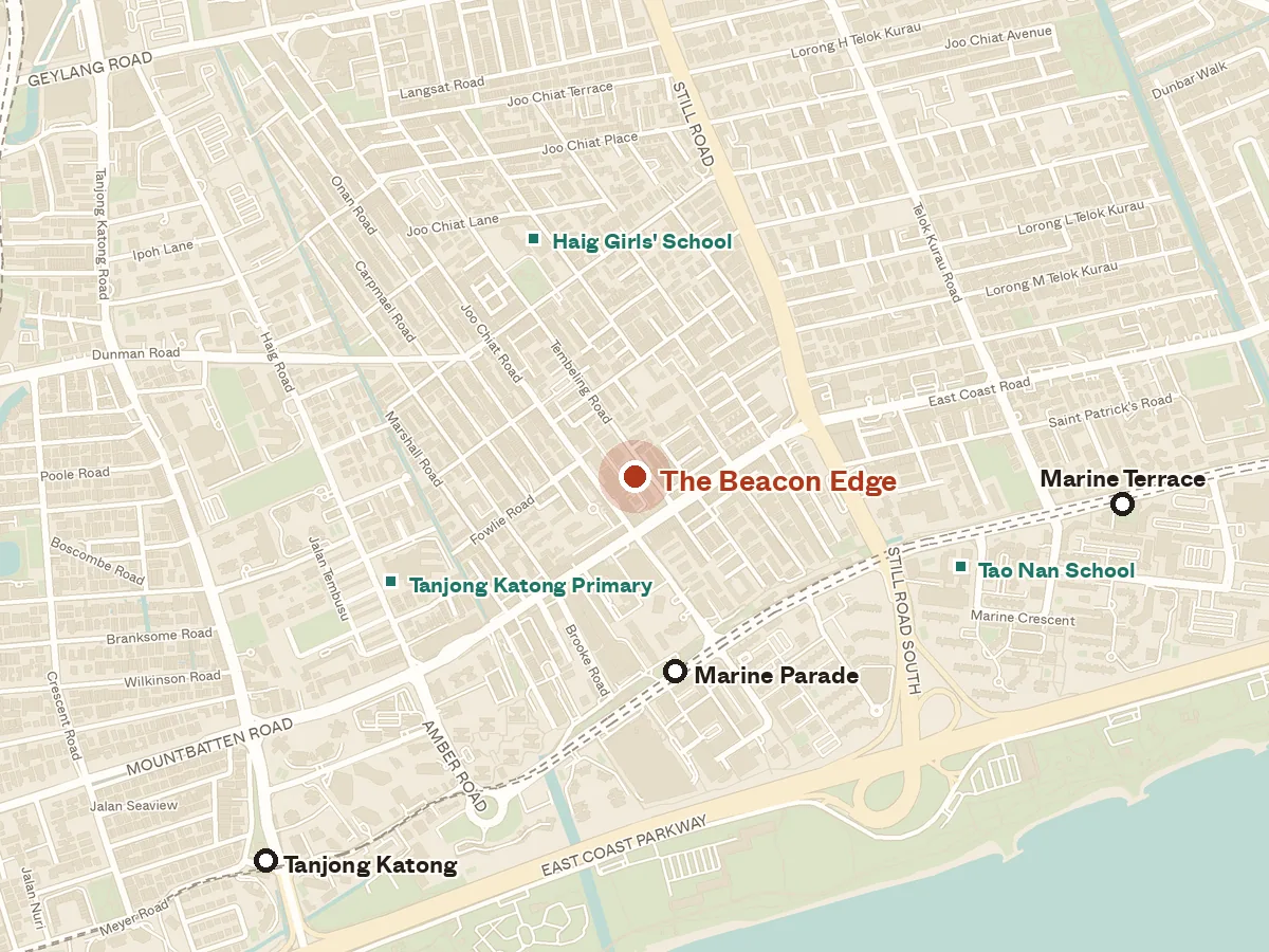 Map of the area around The Beacon Edge, with nearby MRT stations and primary schools