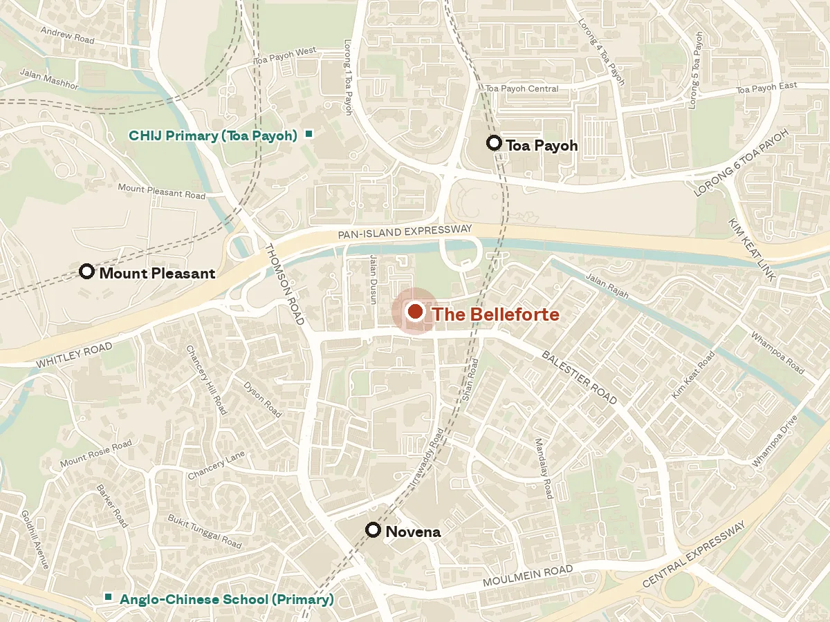 Map of the area around The Belleforte, with nearby MRT stations and primary schools