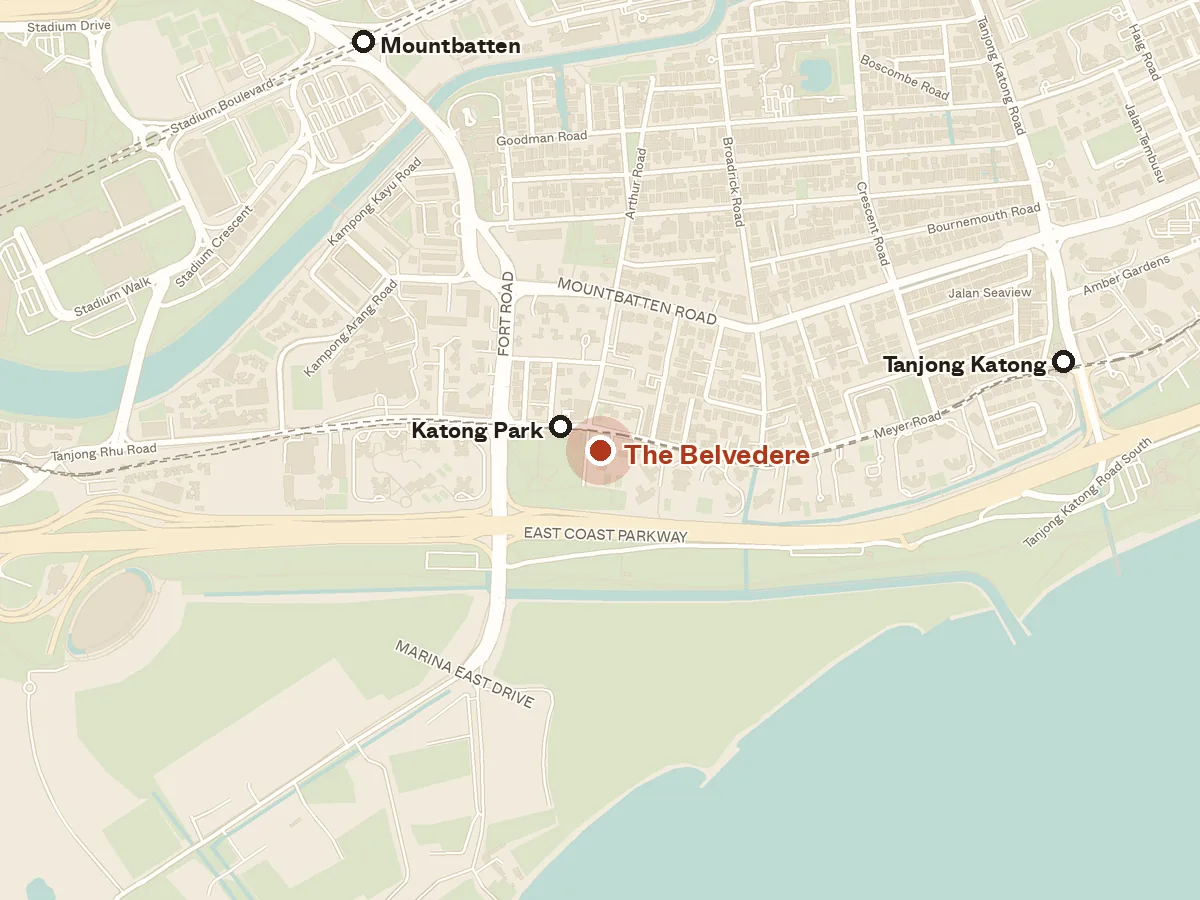 Map of the area around The Belvedere, with nearby MRT stations and primary schools