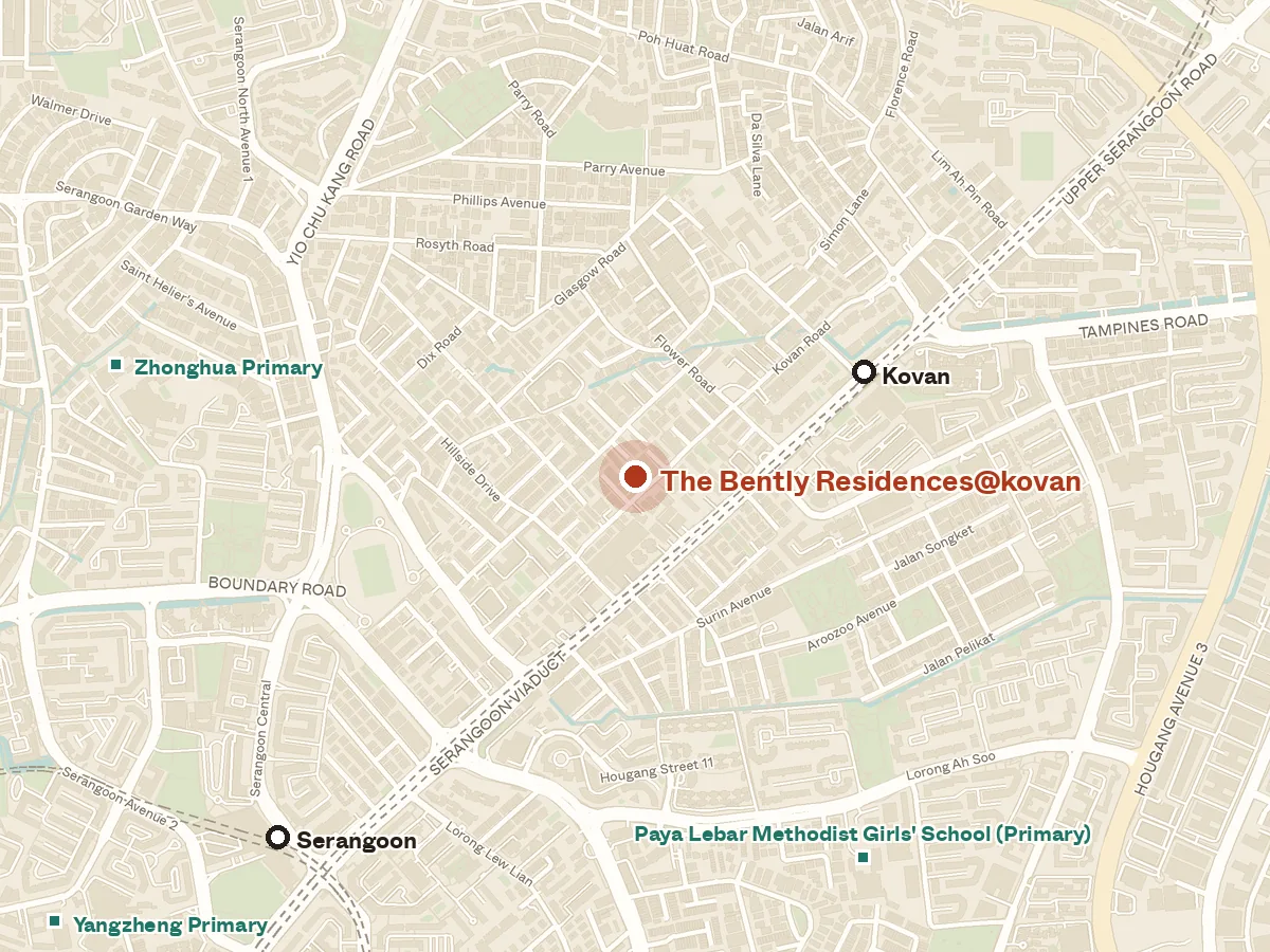 Map of the area around The Bently Residences@kovan, with nearby MRT stations and primary schools