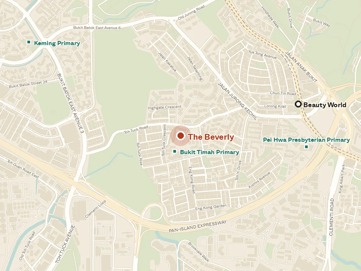 Map of the area around The Beverly, with nearby MRT stations and primary schools