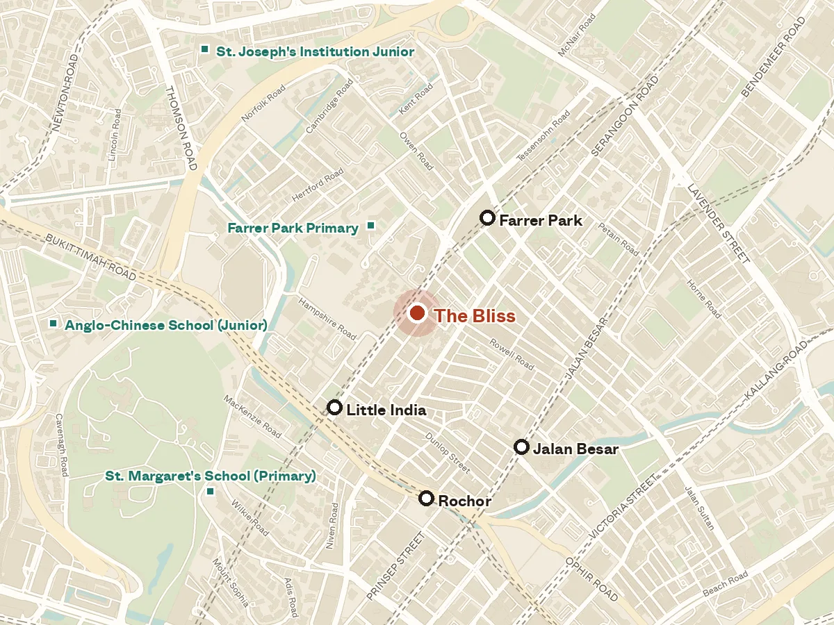 Map of the area around The Bliss, with nearby MRT stations and primary schools