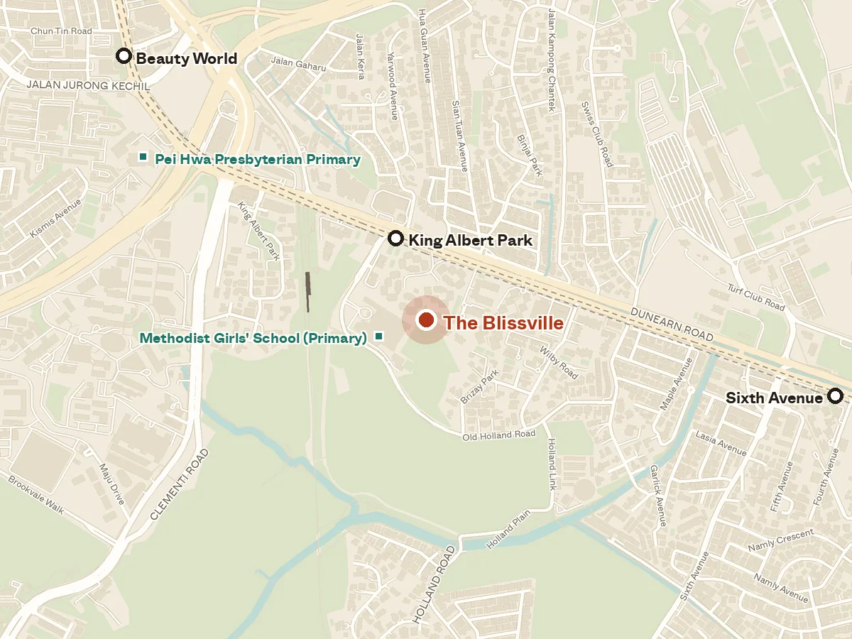 Map of the area around The Blissville, with nearby MRT stations and primary schools