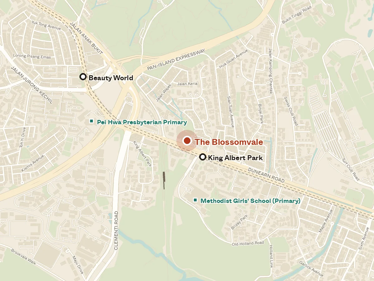 Map of the area around The Blossomvale, with nearby MRT stations and primary schools