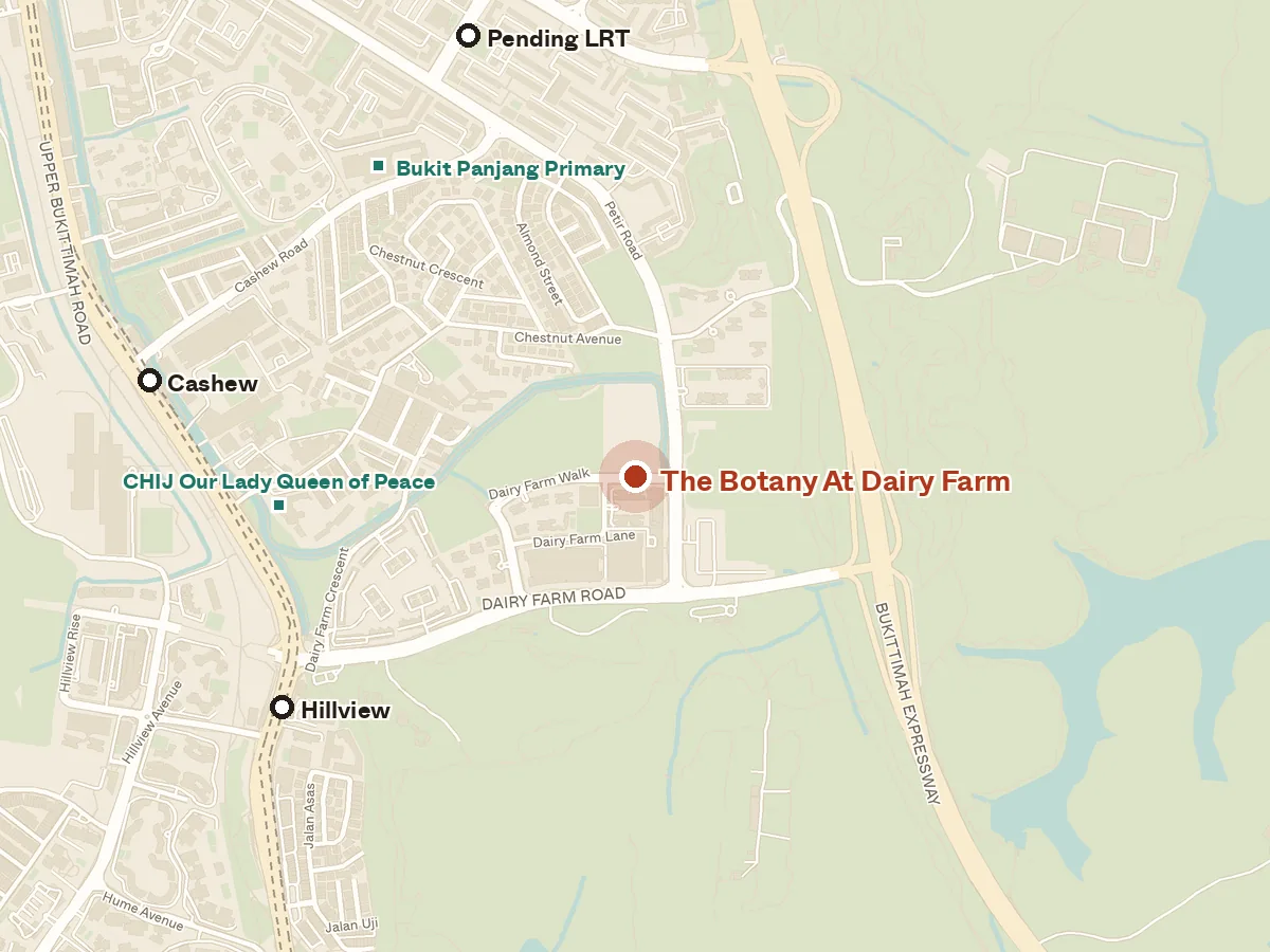 Map of the area around The Botany At Dairy Farm, with nearby MRT stations and primary schools