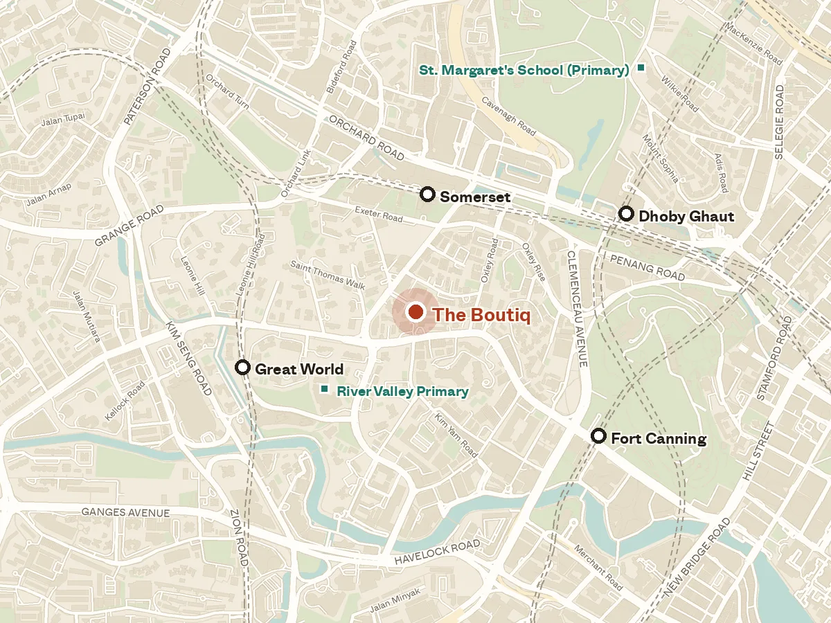 Map of the area around The Boutiq, with nearby MRT stations and primary schools