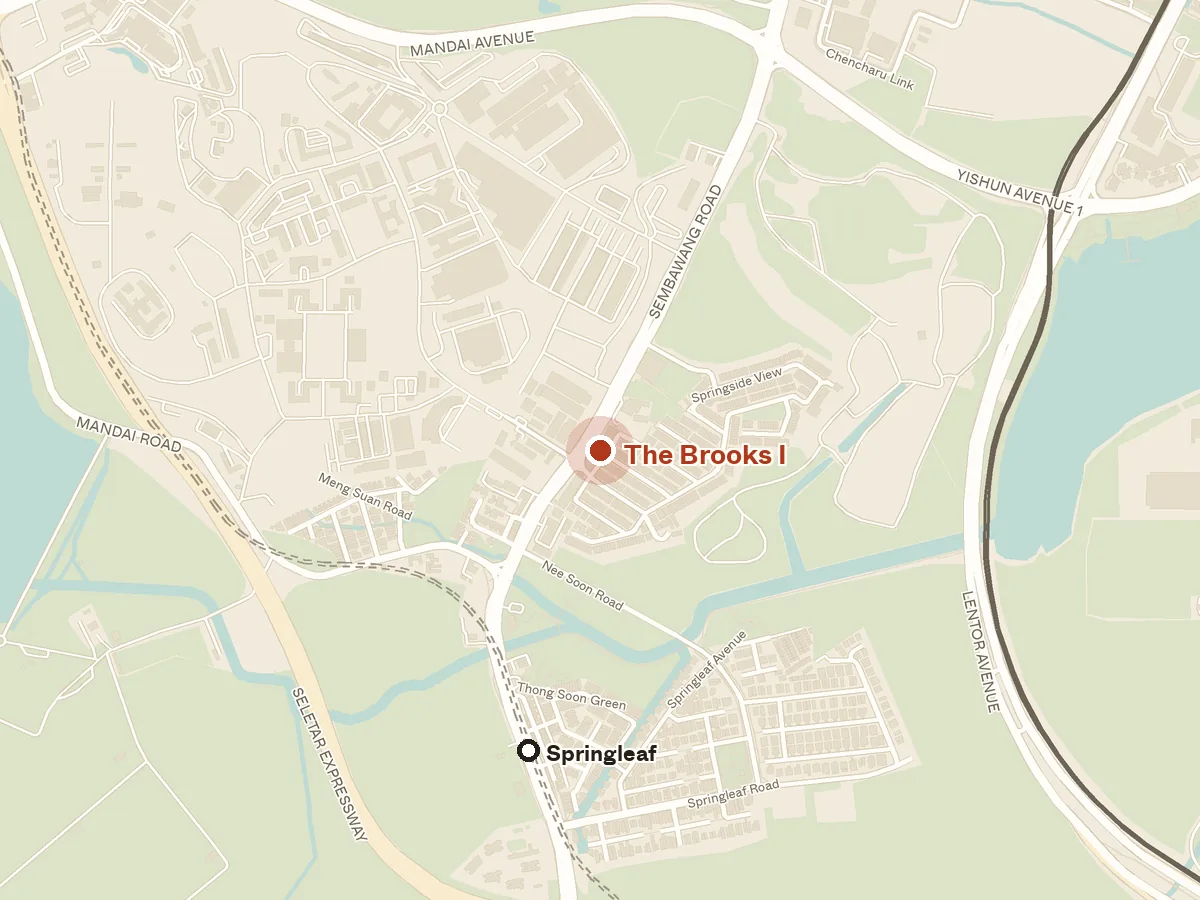 Map of the area around The Brooks I, with nearby MRT stations and primary schools