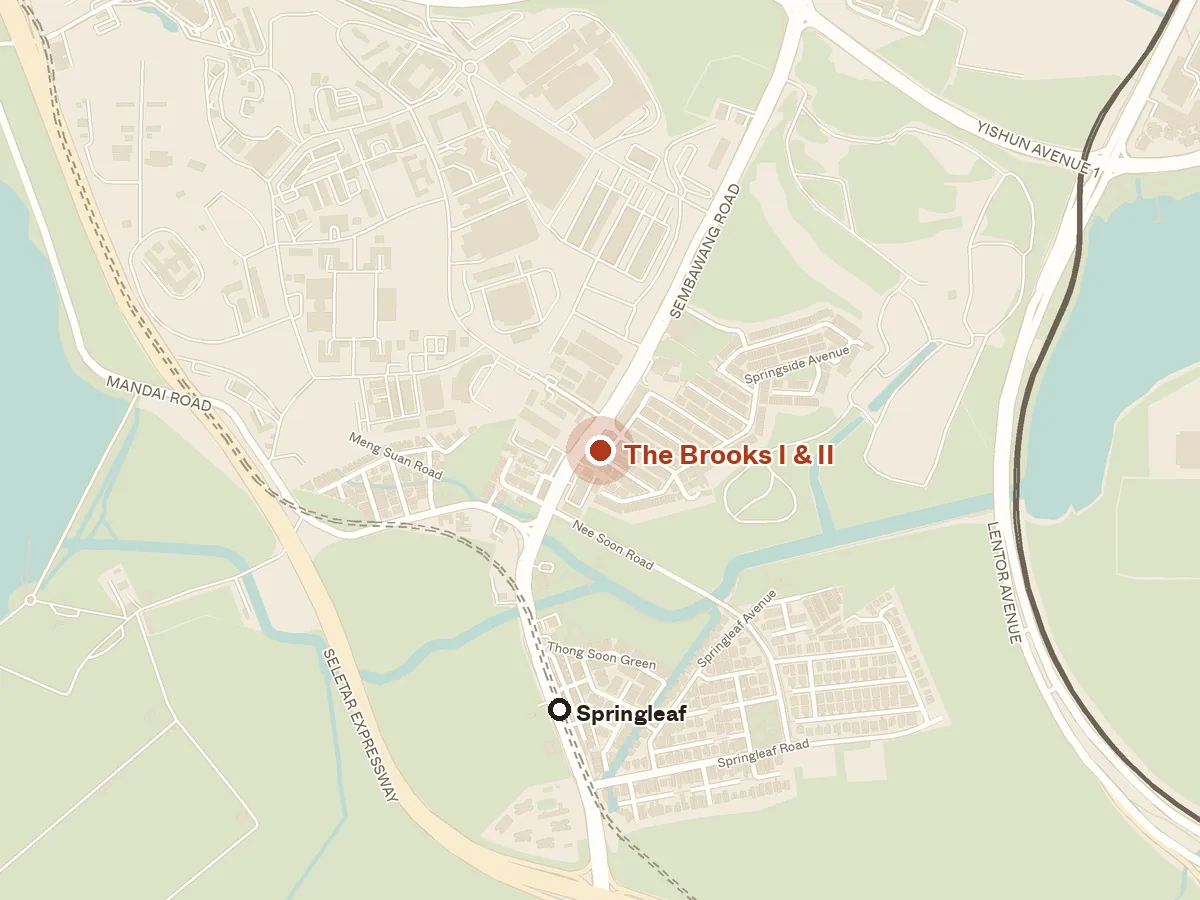 Map of the area around The Brooks I & Ii, with nearby MRT stations and primary schools