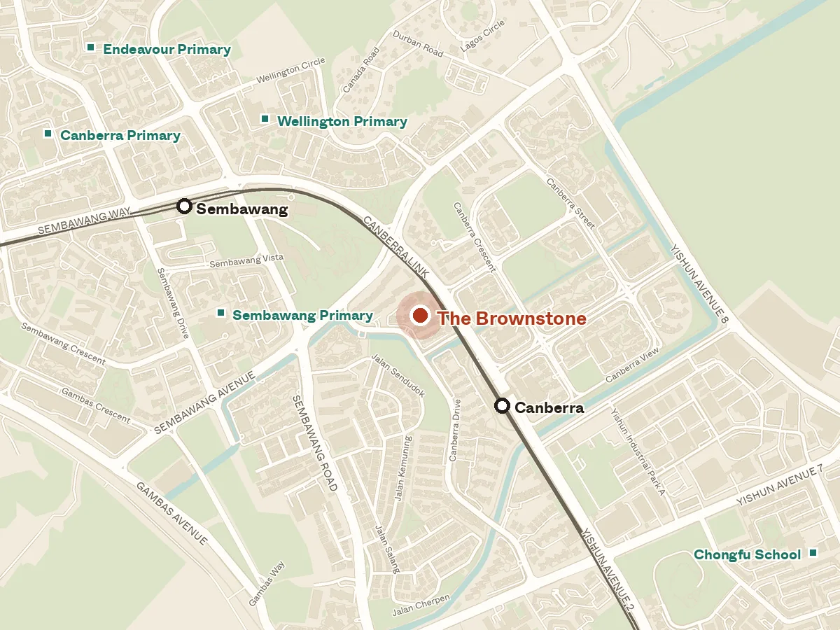 Map of the area around The Brownstone, with nearby MRT stations and primary schools