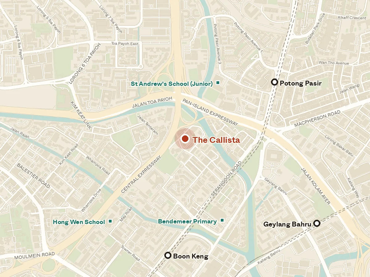 Map of the area around The Callista, with nearby MRT stations and primary schools