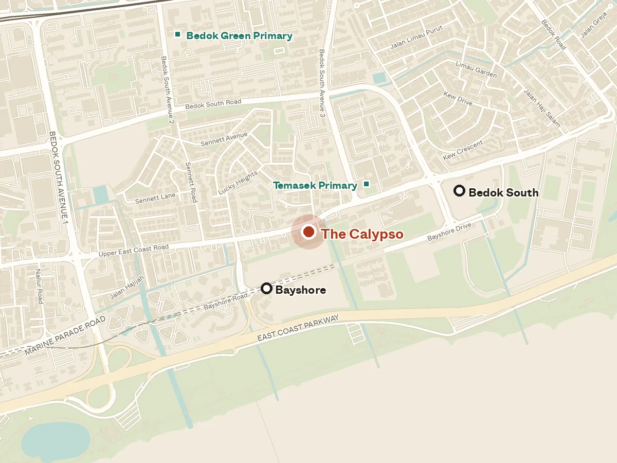 Map of the area around The Calypso, with nearby MRT stations and primary schools