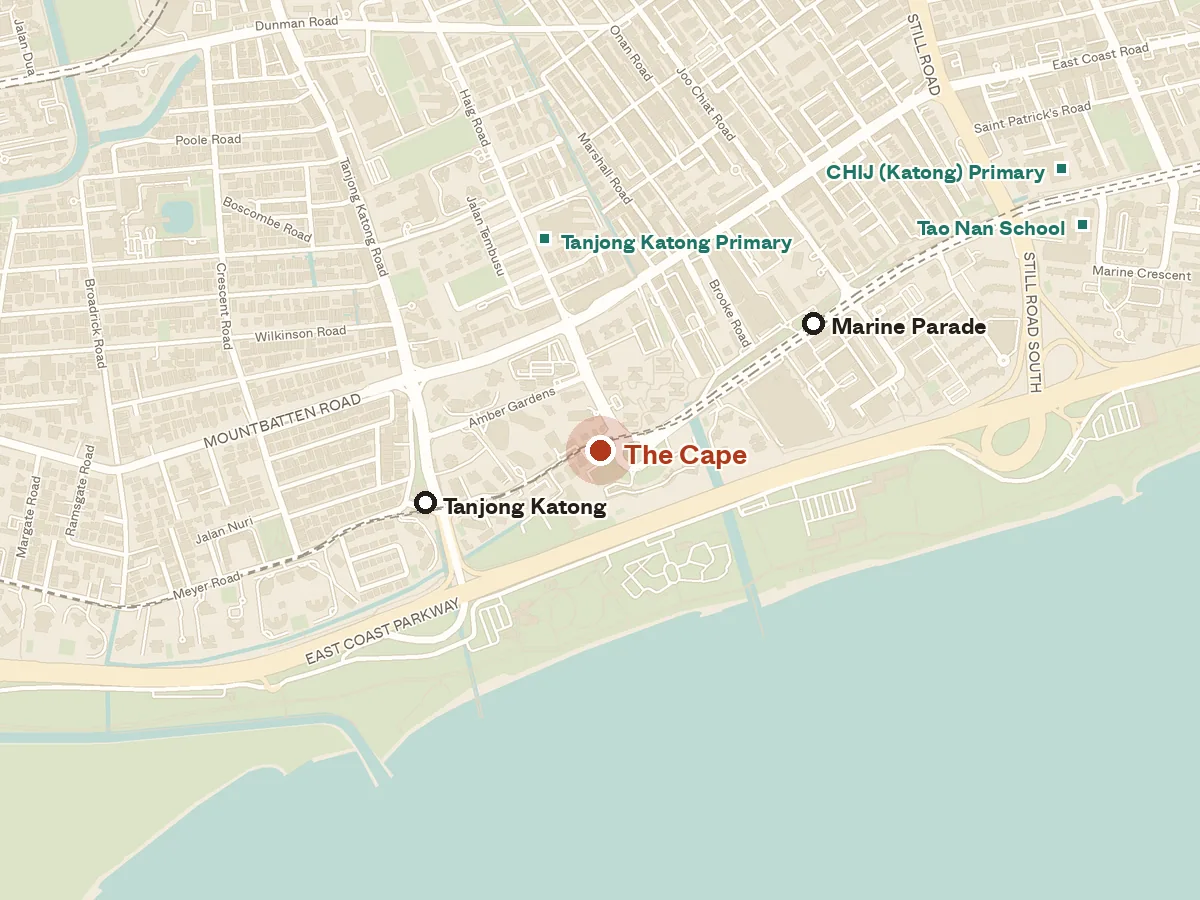 Map of the area around The Cape, with nearby MRT stations and primary schools