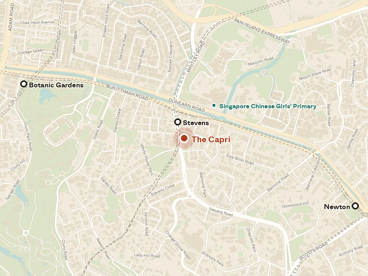 Map of the area around The Capri, with nearby MRT stations and primary schools