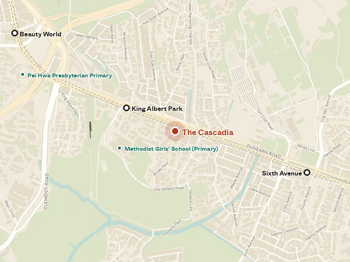 Map of the area around The Cascadia, with nearby MRT stations and primary schools