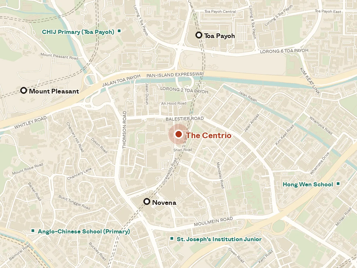 Map of the area around The Centrio, with nearby MRT stations and primary schools