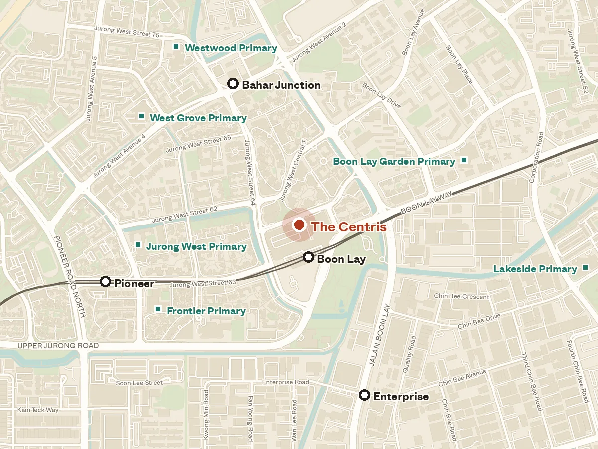 Map of the area around The Centris, with nearby MRT stations and primary schools