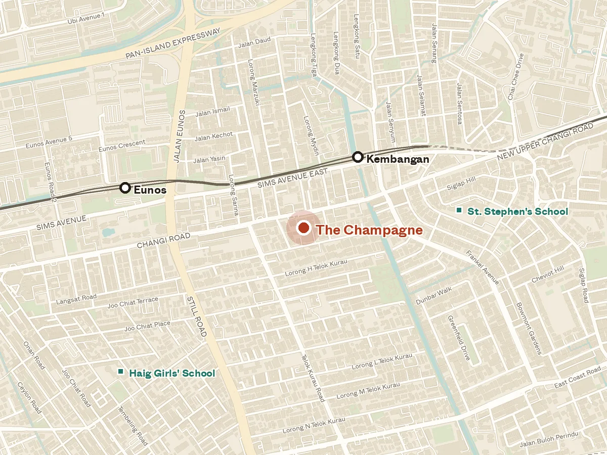 Map of the area around The Champagne, with nearby MRT stations and primary schools