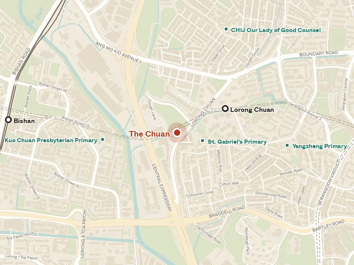 Map of the area around The Chuan, with nearby MRT stations and primary schools