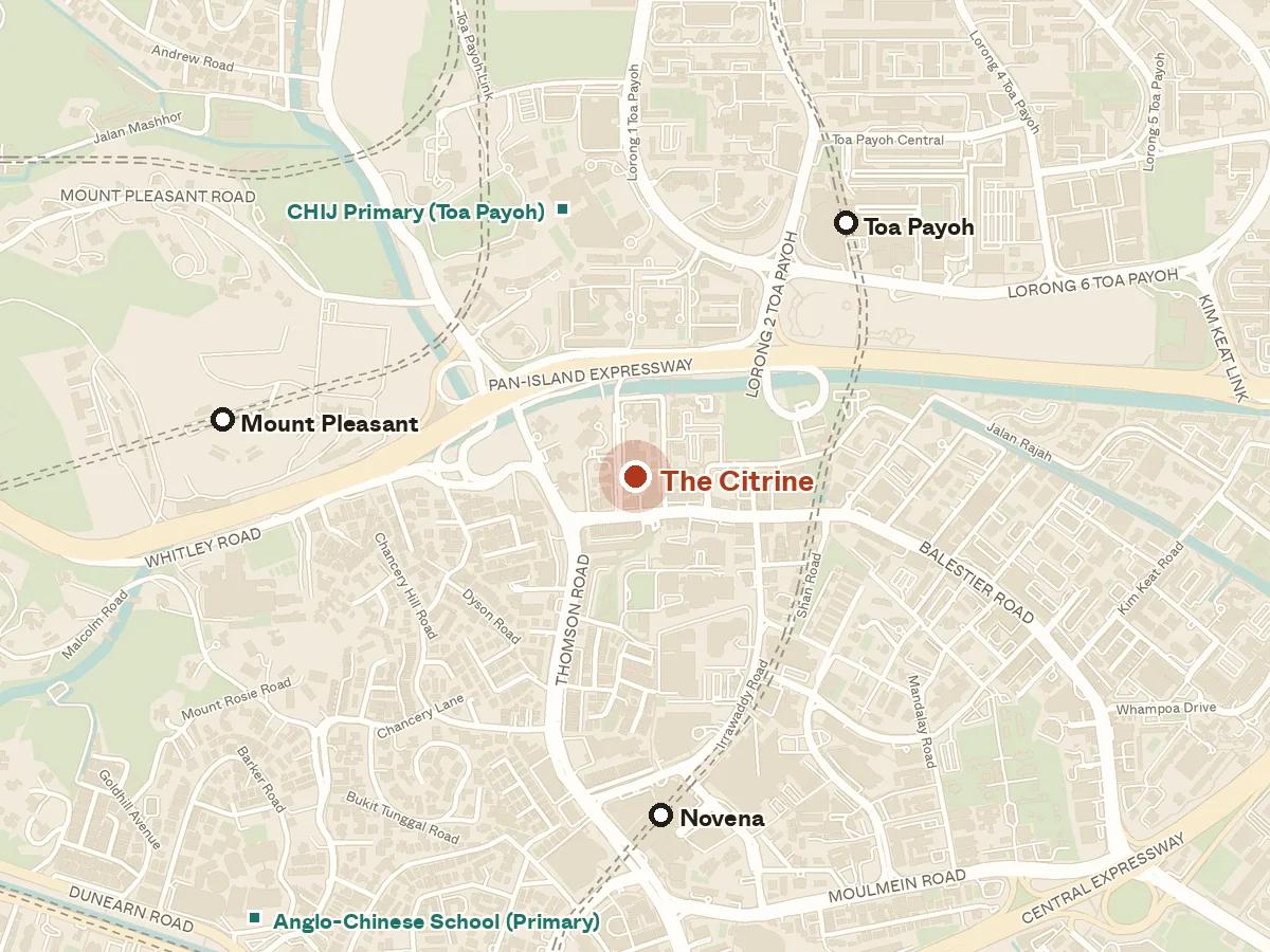 Map of the area around The Citrine, with nearby MRT stations and primary schools