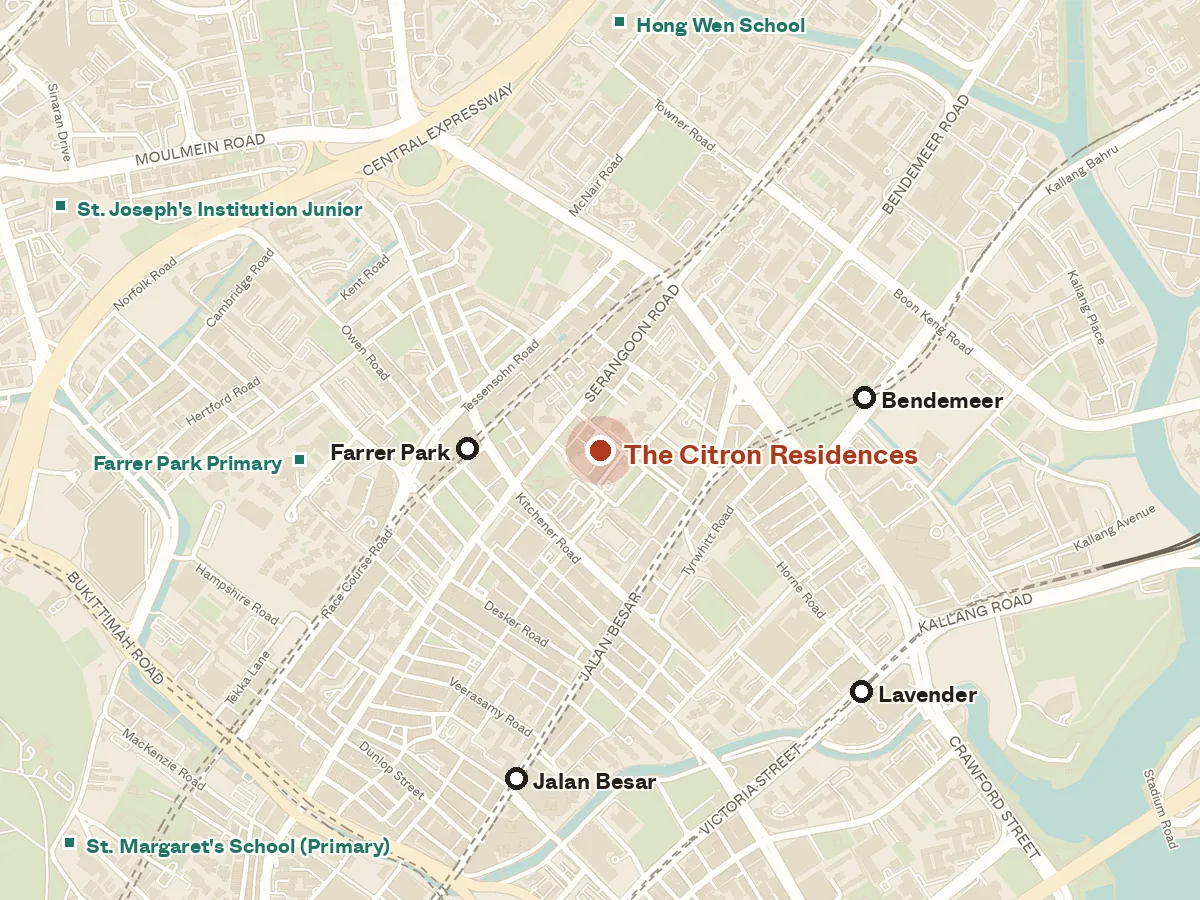 Map of the area around The Citron Residences, with nearby MRT stations and primary schools