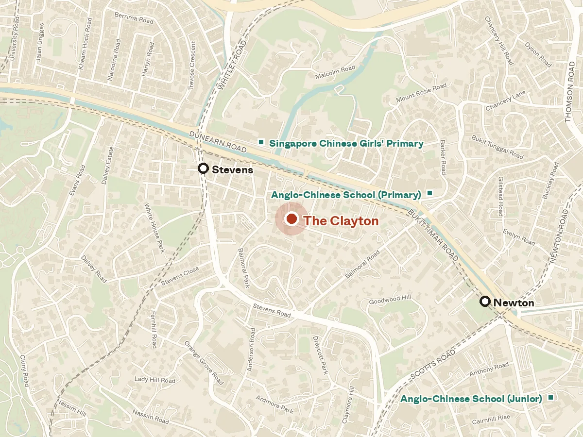 Map of the area around The Clayton, with nearby MRT stations and primary schools