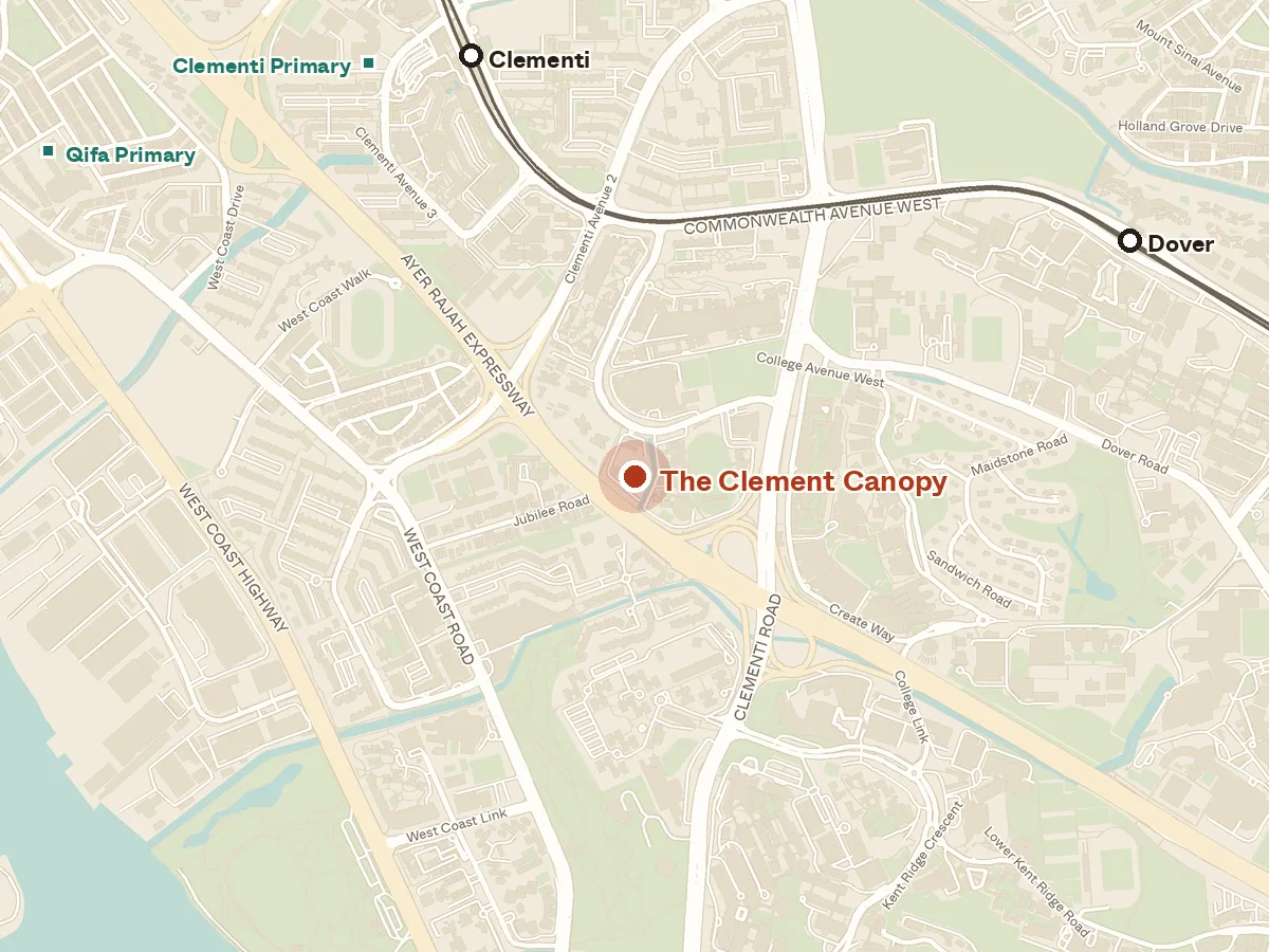 Map of the area around The Clement Canopy, with nearby MRT stations and primary schools