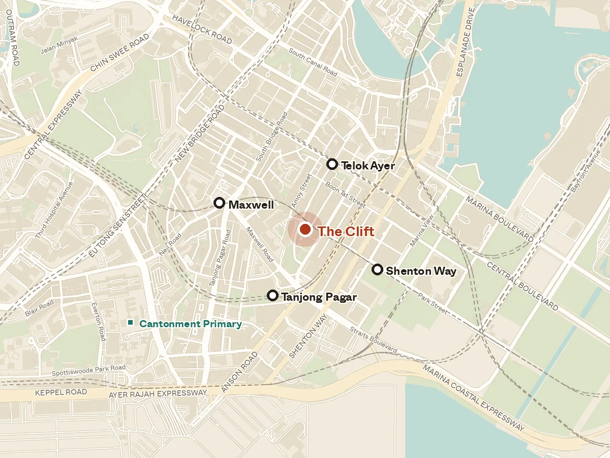 Map of the area around The Clift, with nearby MRT stations and primary schools